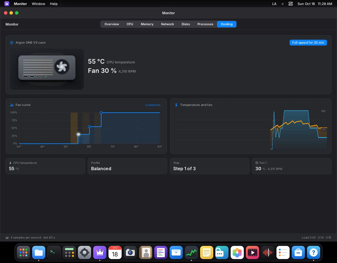 Monitor showing the Cooling tab with the fan curve