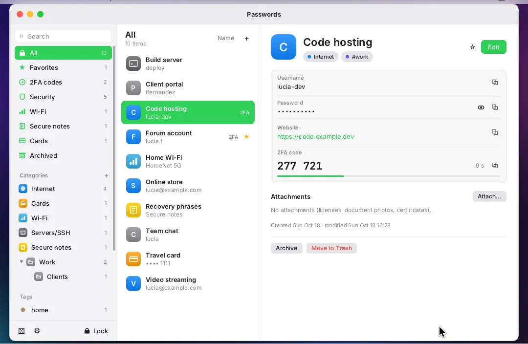 The Passwords app with an entry open